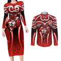 St George Illawarra Dragons Rugby Couples Matching Long Sleeve Bodycon Dress and Long Sleeve Button Shirt Polynesian Tribal Dragon Warrior Red Pattern