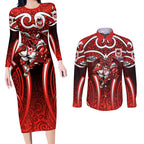 St George Illawarra Dragons Rugby Couples Matching Long Sleeve Bodycon Dress and Long Sleeve Button Shirt Polynesian Tribal Dragon Warrior Red Pattern