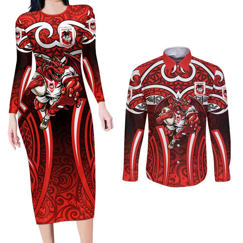 St George Illawarra Dragons Rugby Couples Matching Long Sleeve Bodycon Dress and Long Sleeve Button Shirt Polynesian Tribal Dragon Warrior Red Pattern