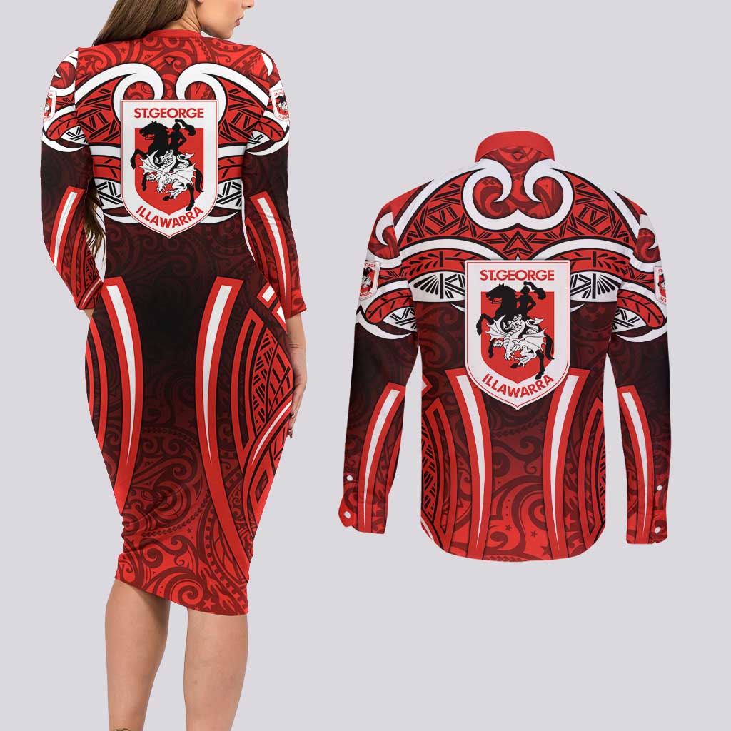 St George Illawarra Dragons Rugby Couples Matching Long Sleeve Bodycon Dress and Long Sleeve Button Shirt Polynesian Tribal Dragon Warrior Red Pattern