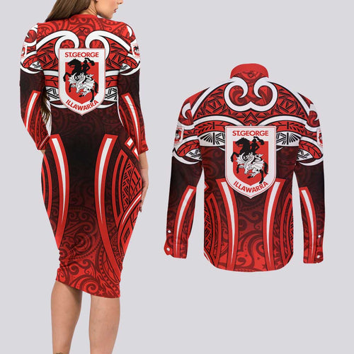 St George Illawarra Dragons Rugby Couples Matching Long Sleeve Bodycon Dress and Long Sleeve Button Shirt Polynesian Tribal Dragon Warrior Red Pattern