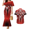 St George Illawarra Dragons Rugby Couples Matching Mermaid Dress and Hawaiian Shirt Polynesian Tribal Dragon Warrior Red Pattern