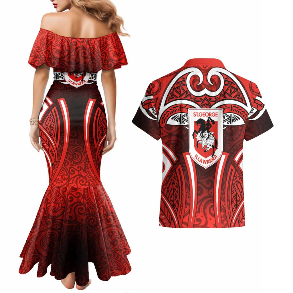 St George Illawarra Dragons Rugby Couples Matching Mermaid Dress and Hawaiian Shirt Polynesian Tribal Dragon Warrior Red Pattern