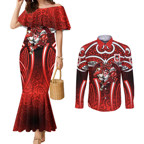 St George Illawarra Dragons Rugby Couples Matching Mermaid Dress and Long Sleeve Button Shirt Polynesian Tribal Dragon Warrior Red Pattern