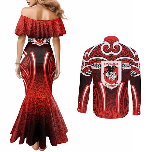 St George Illawarra Dragons Rugby Couples Matching Mermaid Dress and Long Sleeve Button Shirt Polynesian Tribal Dragon Warrior Red Pattern