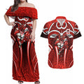St George Illawarra Dragons Rugby Couples Matching Off Shoulder Maxi Dress and Hawaiian Shirt Polynesian Tribal Dragon Warrior Red Pattern