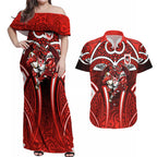 St George Illawarra Dragons Rugby Couples Matching Off Shoulder Maxi Dress and Hawaiian Shirt Polynesian Tribal Dragon Warrior Red Pattern