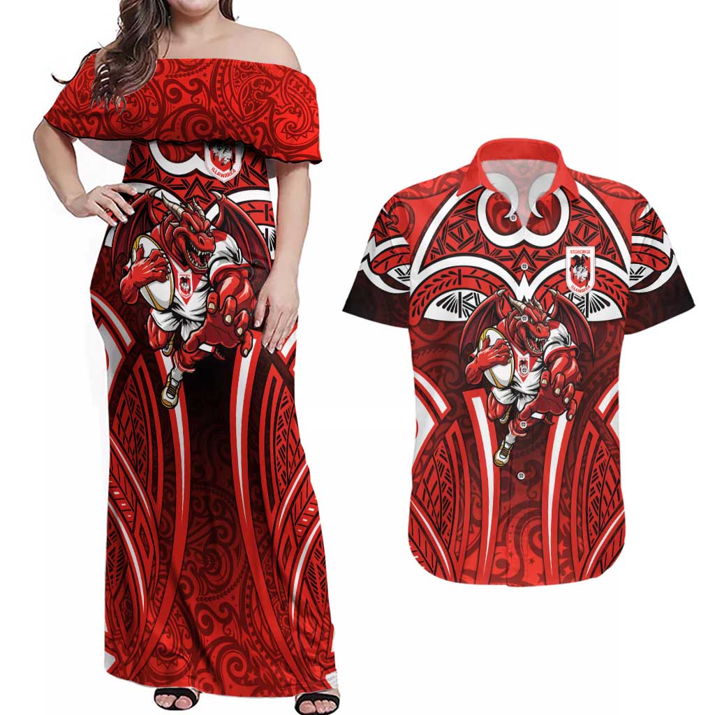 St George Illawarra Dragons Rugby Couples Matching Off Shoulder Maxi Dress and Hawaiian Shirt Polynesian Tribal Dragon Warrior Red Pattern