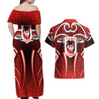 St George Illawarra Dragons Rugby Couples Matching Off Shoulder Maxi Dress and Hawaiian Shirt Polynesian Tribal Dragon Warrior Red Pattern