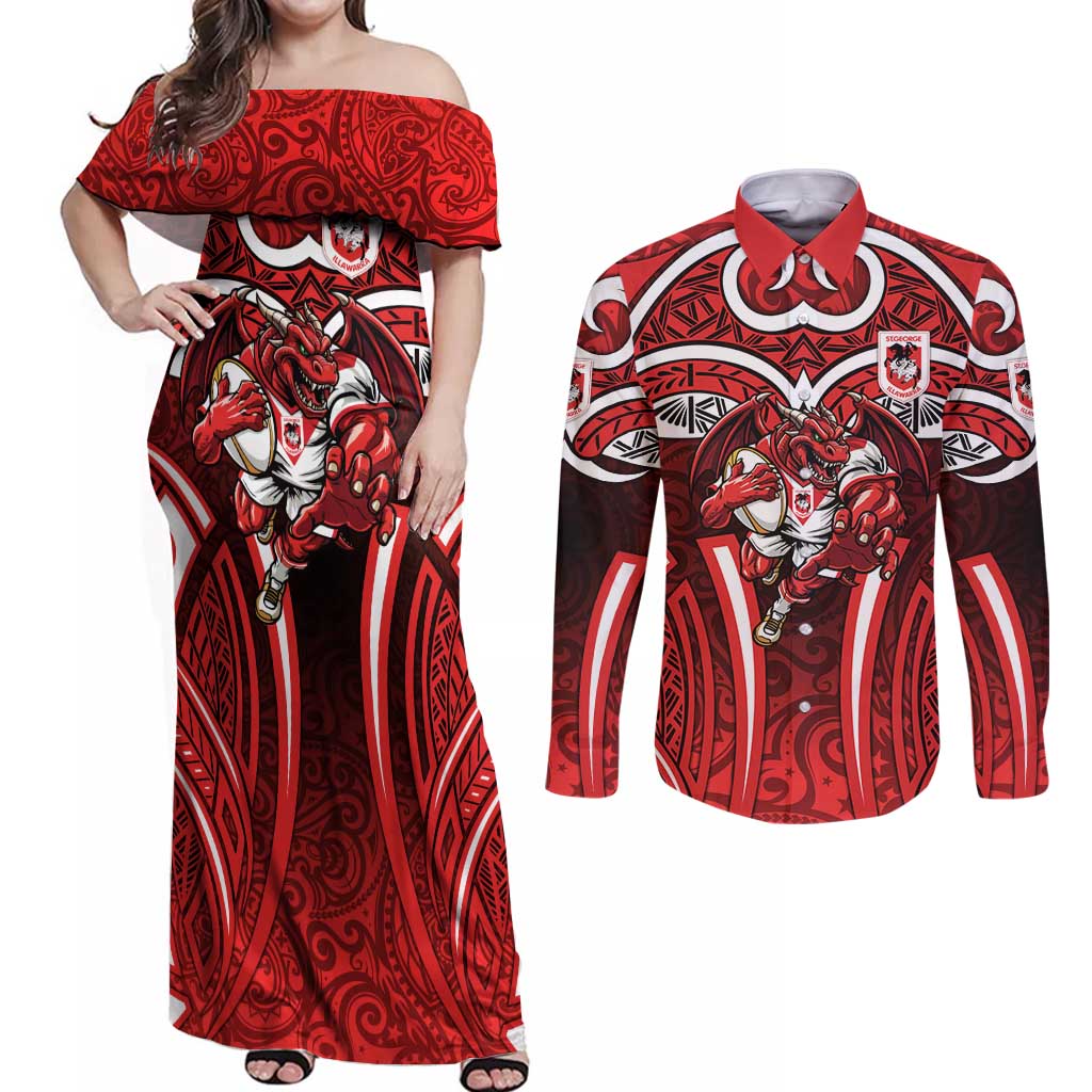 St George Illawarra Dragons Rugby Couples Matching Off Shoulder Maxi Dress and Long Sleeve Button Shirt Polynesian Tribal Dragon Warrior Red Pattern