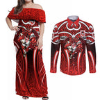 St George Illawarra Dragons Rugby Couples Matching Off Shoulder Maxi Dress and Long Sleeve Button Shirt Polynesian Tribal Dragon Warrior Red Pattern