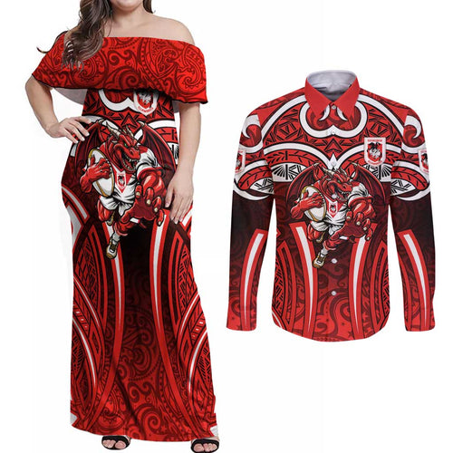 St George Illawarra Dragons Rugby Couples Matching Off Shoulder Maxi Dress and Long Sleeve Button Shirt Polynesian Tribal Dragon Warrior Red Pattern