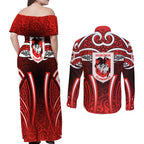 St George Illawarra Dragons Rugby Couples Matching Off Shoulder Maxi Dress and Long Sleeve Button Shirt Polynesian Tribal Dragon Warrior Red Pattern