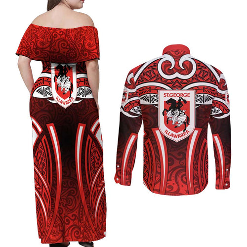 St George Illawarra Dragons Rugby Couples Matching Off Shoulder Maxi Dress and Long Sleeve Button Shirt Polynesian Tribal Dragon Warrior Red Pattern