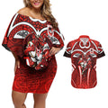 St George Illawarra Dragons Rugby Couples Matching Off Shoulder Short Dress and Hawaiian Shirt Polynesian Tribal Dragon Warrior Red Pattern