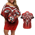 St George Illawarra Dragons Rugby Couples Matching Off Shoulder Short Dress and Hawaiian Shirt Polynesian Tribal Dragon Warrior Red Pattern