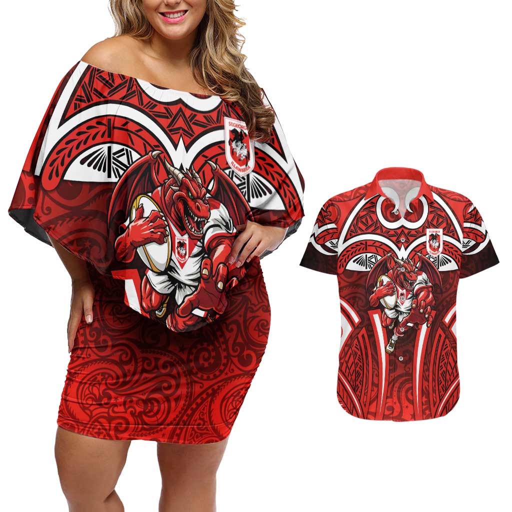 St George Illawarra Dragons Rugby Couples Matching Off Shoulder Short Dress and Hawaiian Shirt Polynesian Tribal Dragon Warrior Red Pattern