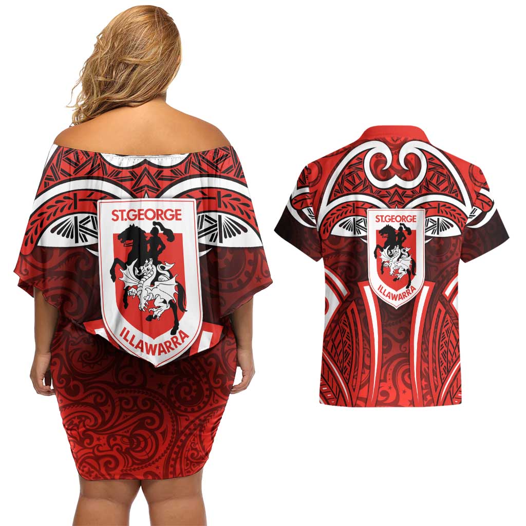 St George Illawarra Dragons Rugby Couples Matching Off Shoulder Short Dress and Hawaiian Shirt Polynesian Tribal Dragon Warrior Red Pattern