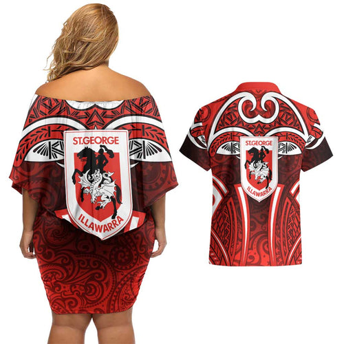 St George Illawarra Dragons Rugby Couples Matching Off Shoulder Short Dress and Hawaiian Shirt Polynesian Tribal Dragon Warrior Red Pattern