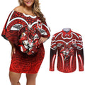 St George Illawarra Dragons Rugby Couples Matching Off Shoulder Short Dress and Long Sleeve Button Shirt Polynesian Tribal Dragon Warrior Red Pattern