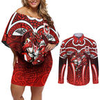 St George Illawarra Dragons Rugby Couples Matching Off Shoulder Short Dress and Long Sleeve Button Shirt Polynesian Tribal Dragon Warrior Red Pattern