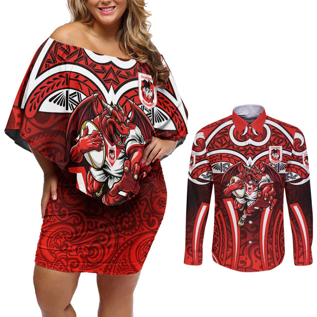 St George Illawarra Dragons Rugby Couples Matching Off Shoulder Short Dress and Long Sleeve Button Shirt Polynesian Tribal Dragon Warrior Red Pattern