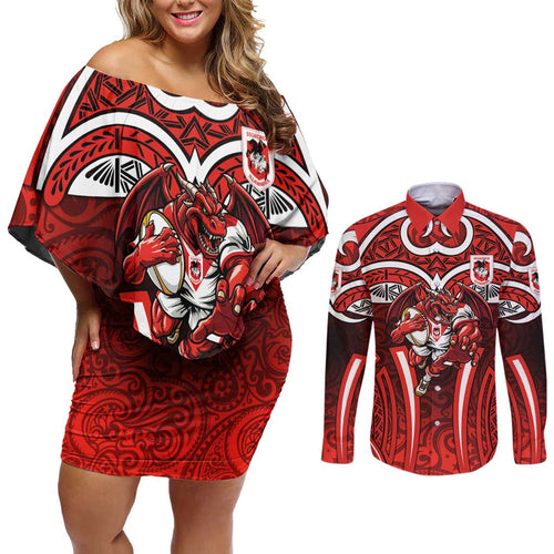 St George Illawarra Dragons Rugby Couples Matching Off Shoulder Short Dress and Long Sleeve Button Shirt Polynesian Tribal Dragon Warrior Red Pattern