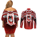 St George Illawarra Dragons Rugby Couples Matching Off Shoulder Short Dress and Long Sleeve Button Shirt Polynesian Tribal Dragon Warrior Red Pattern
