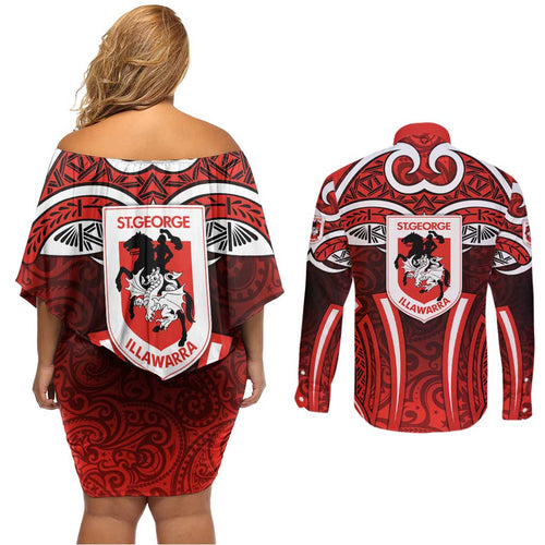 St George Illawarra Dragons Rugby Couples Matching Off Shoulder Short Dress and Long Sleeve Button Shirt Polynesian Tribal Dragon Warrior Red Pattern