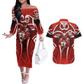 St George Illawarra Dragons Rugby Couples Matching Off The Shoulder Long Sleeve Dress and Hawaiian Shirt Polynesian Tribal Dragon Warrior Red Pattern