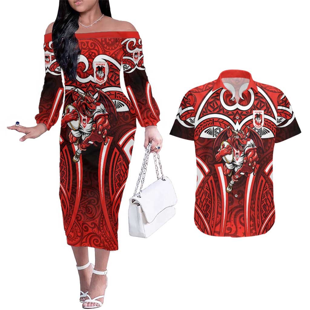 St George Illawarra Dragons Rugby Couples Matching Off The Shoulder Long Sleeve Dress and Hawaiian Shirt Polynesian Tribal Dragon Warrior Red Pattern