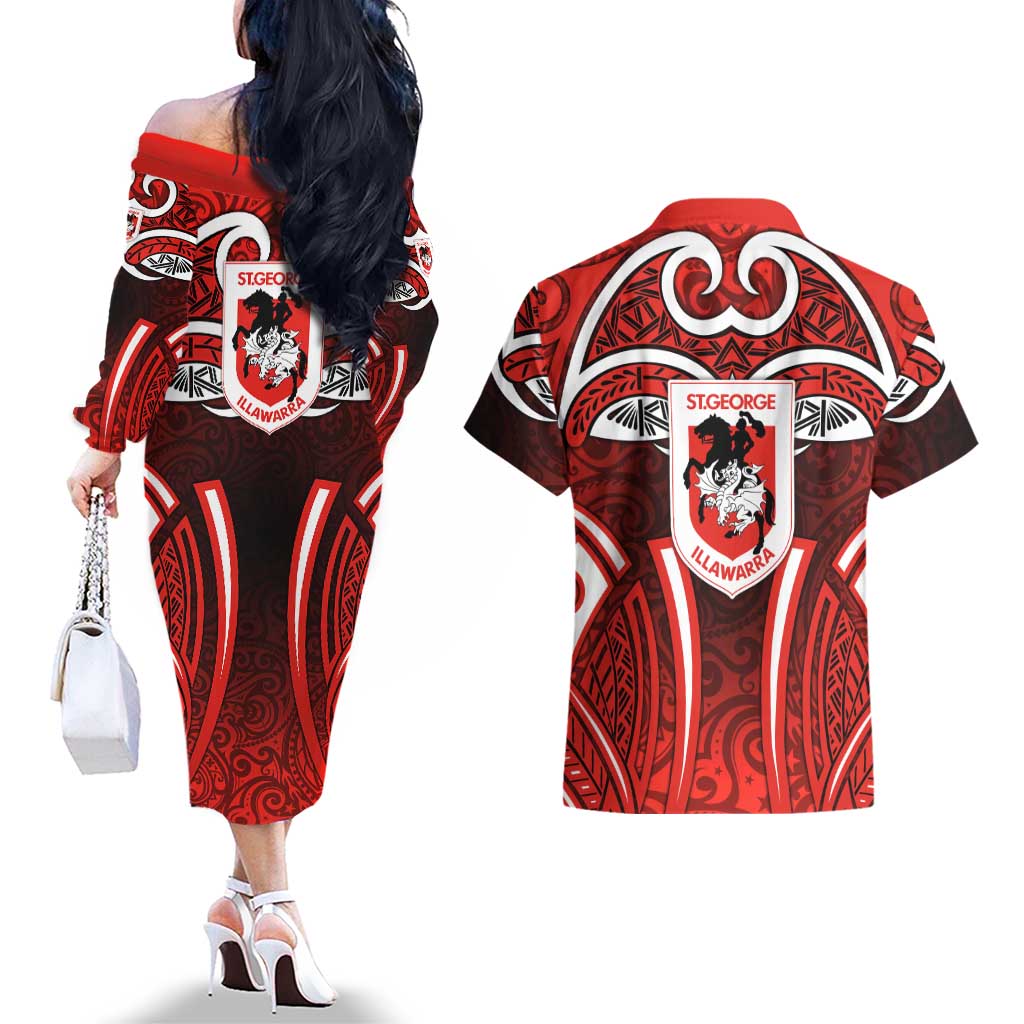 St George Illawarra Dragons Rugby Couples Matching Off The Shoulder Long Sleeve Dress and Hawaiian Shirt Polynesian Tribal Dragon Warrior Red Pattern
