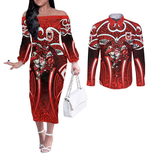 St George Illawarra Dragons Rugby Couples Matching Off The Shoulder Long Sleeve Dress and Long Sleeve Button Shirt Polynesian Tribal Dragon Warrior Red Pattern