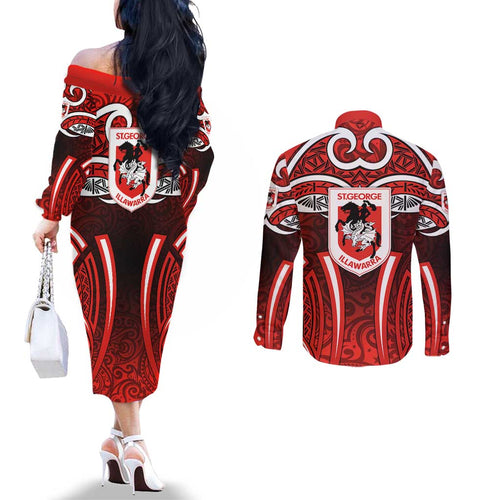 St George Illawarra Dragons Rugby Couples Matching Off The Shoulder Long Sleeve Dress and Long Sleeve Button Shirt Polynesian Tribal Dragon Warrior Red Pattern