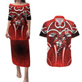St George Illawarra Dragons Rugby Couples Matching Puletasi and Hawaiian Shirt Polynesian Tribal Dragon Warrior Red Pattern