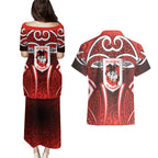 St George Illawarra Dragons Rugby Couples Matching Puletasi and Hawaiian Shirt Polynesian Tribal Dragon Warrior Red Pattern