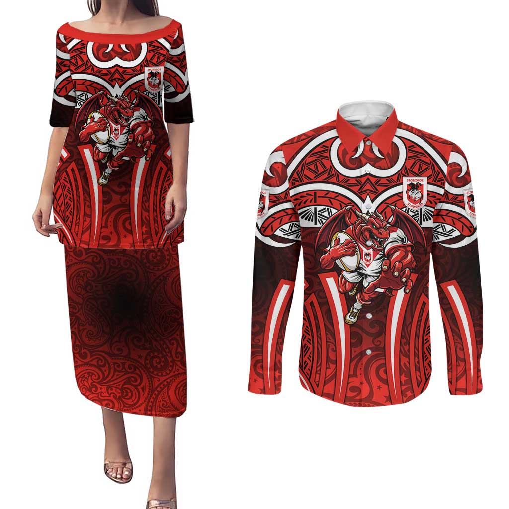 St George Illawarra Dragons Rugby Couples Matching Puletasi and Long Sleeve Button Shirt Polynesian Tribal Dragon Warrior Red Pattern