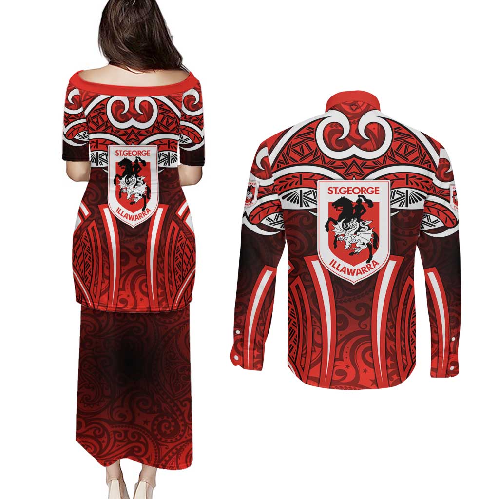 St George Illawarra Dragons Rugby Couples Matching Puletasi and Long Sleeve Button Shirt Polynesian Tribal Dragon Warrior Red Pattern