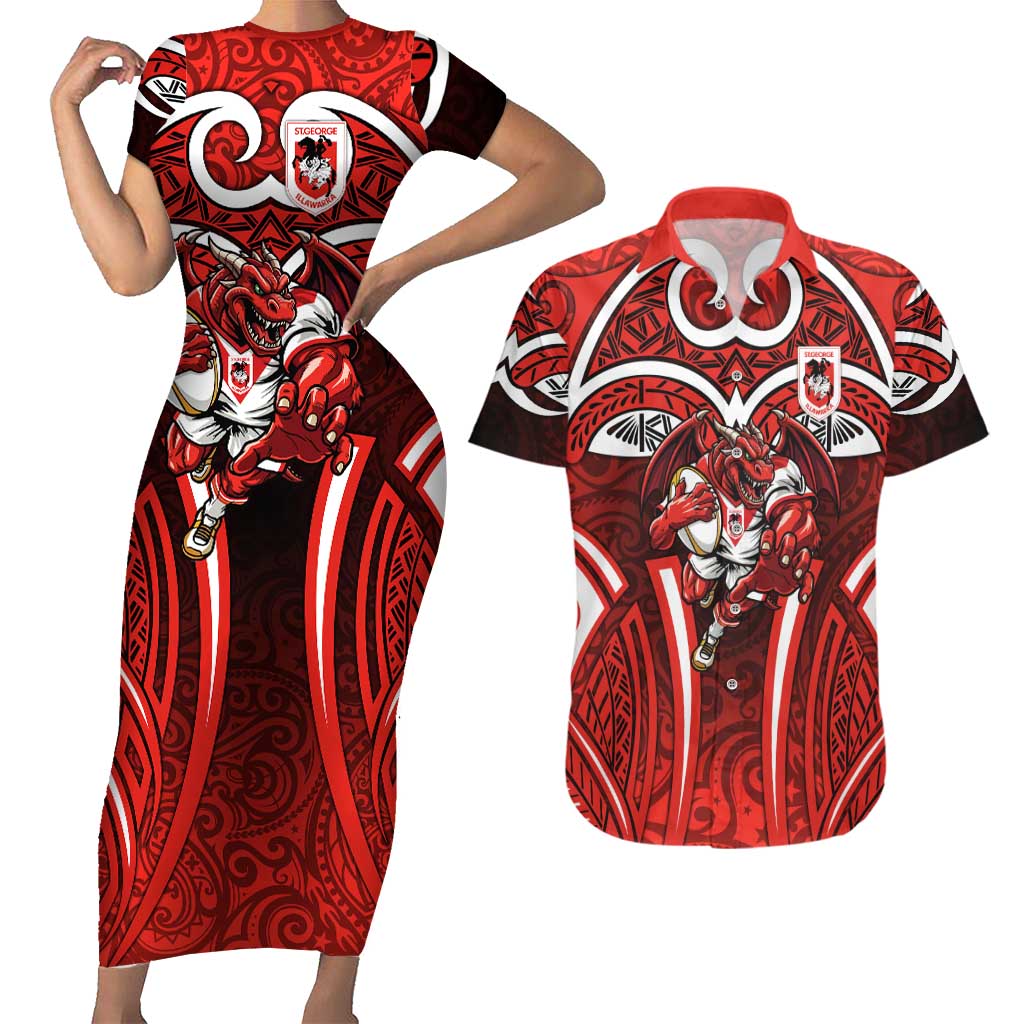St George Illawarra Dragons Rugby Couples Matching Short Sleeve Bodycon Dress and Hawaiian Shirt Polynesian Tribal Dragon Warrior Red Pattern