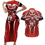 St George Illawarra Dragons Rugby Couples Matching Short Sleeve Bodycon Dress and Hawaiian Shirt Polynesian Tribal Dragon Warrior Red Pattern