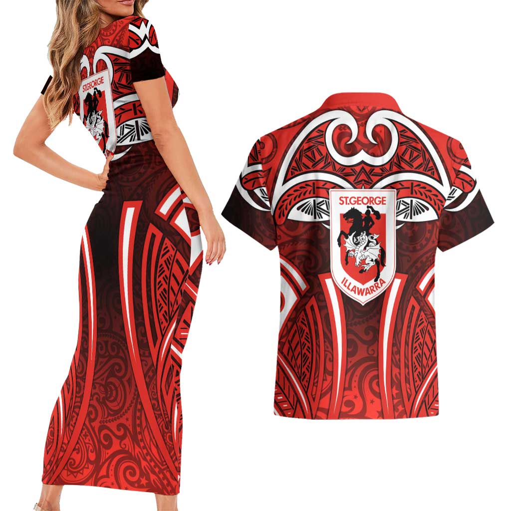 St George Illawarra Dragons Rugby Couples Matching Short Sleeve Bodycon Dress and Hawaiian Shirt Polynesian Tribal Dragon Warrior Red Pattern
