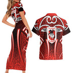 St George Illawarra Dragons Rugby Couples Matching Short Sleeve Bodycon Dress and Hawaiian Shirt Polynesian Tribal Dragon Warrior Red Pattern