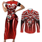 St George Illawarra Dragons Rugby Couples Matching Short Sleeve Bodycon Dress and Long Sleeve Button Shirt Polynesian Tribal Dragon Warrior Red Pattern