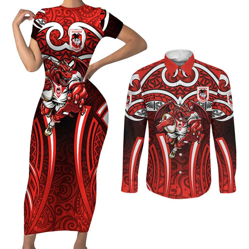 St George Illawarra Dragons Rugby Couples Matching Short Sleeve Bodycon Dress and Long Sleeve Button Shirt Polynesian Tribal Dragon Warrior Red Pattern