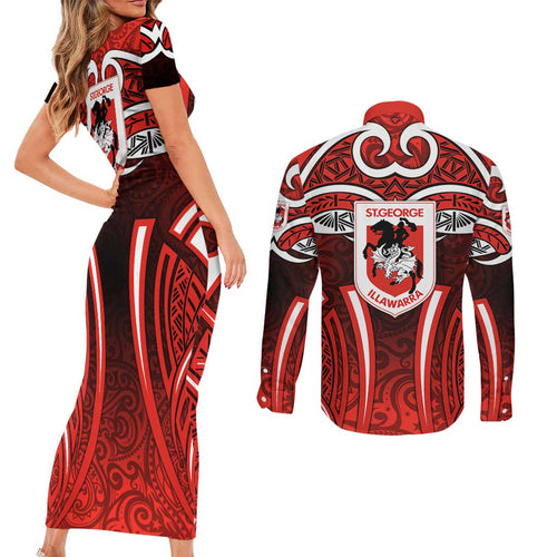 St George Illawarra Dragons Rugby Couples Matching Short Sleeve Bodycon Dress and Long Sleeve Button Shirt Polynesian Tribal Dragon Warrior Red Pattern
