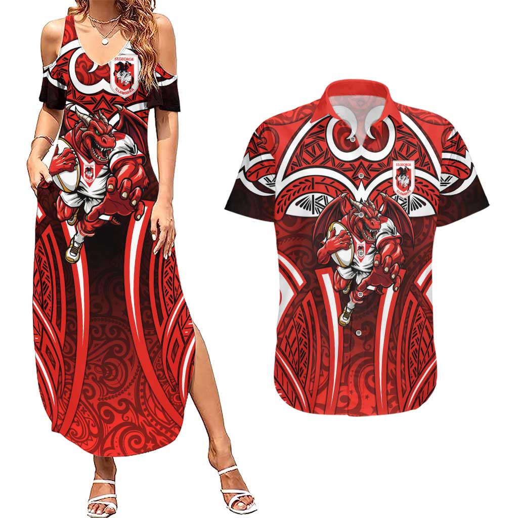 St George Illawarra Dragons Rugby Couples Matching Summer Maxi Dress and Hawaiian Shirt Polynesian Tribal Dragon Warrior Red Pattern
