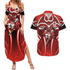 St George Illawarra Dragons Rugby Couples Matching Summer Maxi Dress and Hawaiian Shirt Polynesian Tribal Dragon Warrior Red Pattern