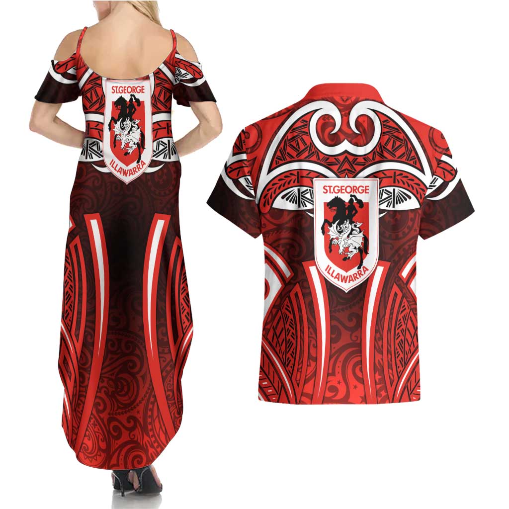 St George Illawarra Dragons Rugby Couples Matching Summer Maxi Dress and Hawaiian Shirt Polynesian Tribal Dragon Warrior Red Pattern