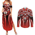St George Illawarra Dragons Rugby Couples Matching Summer Maxi Dress and Long Sleeve Button Shirt Polynesian Tribal Dragon Warrior Red Pattern