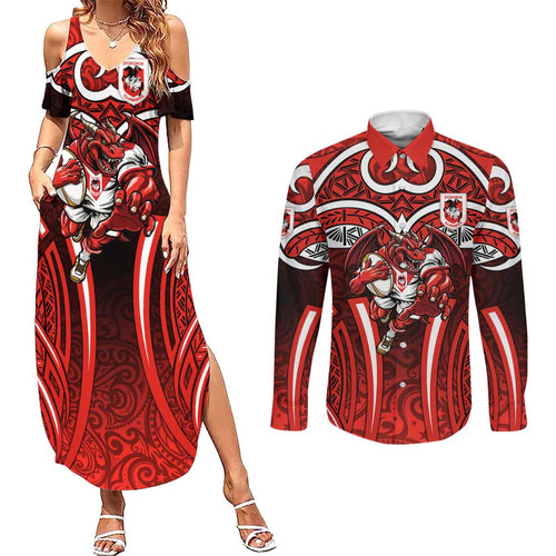 St George Illawarra Dragons Rugby Couples Matching Summer Maxi Dress and Long Sleeve Button Shirt Polynesian Tribal Dragon Warrior Red Pattern
